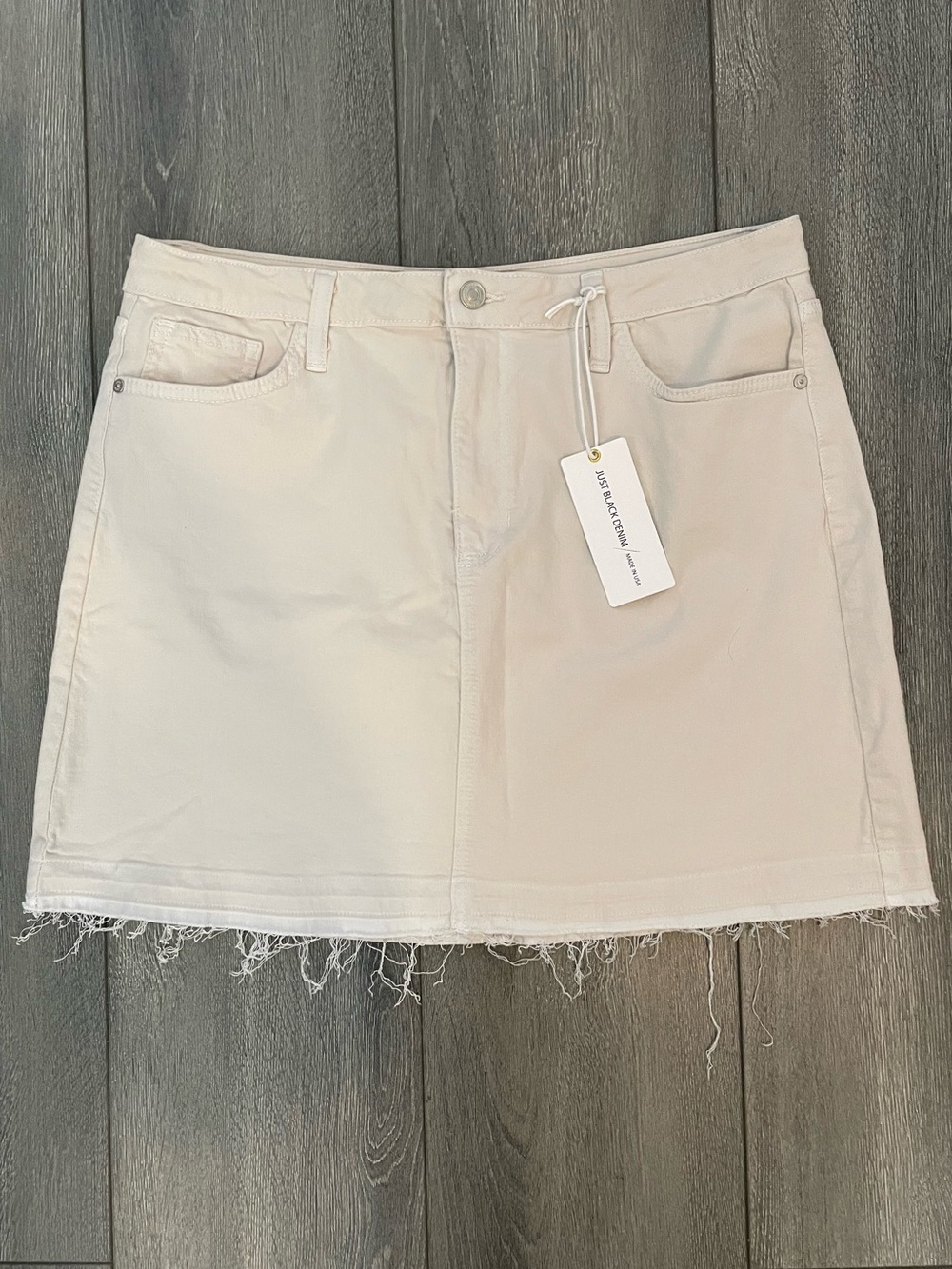 Just Black Cream Denim Mini Skirt with Released Frayed Hem | Size XL